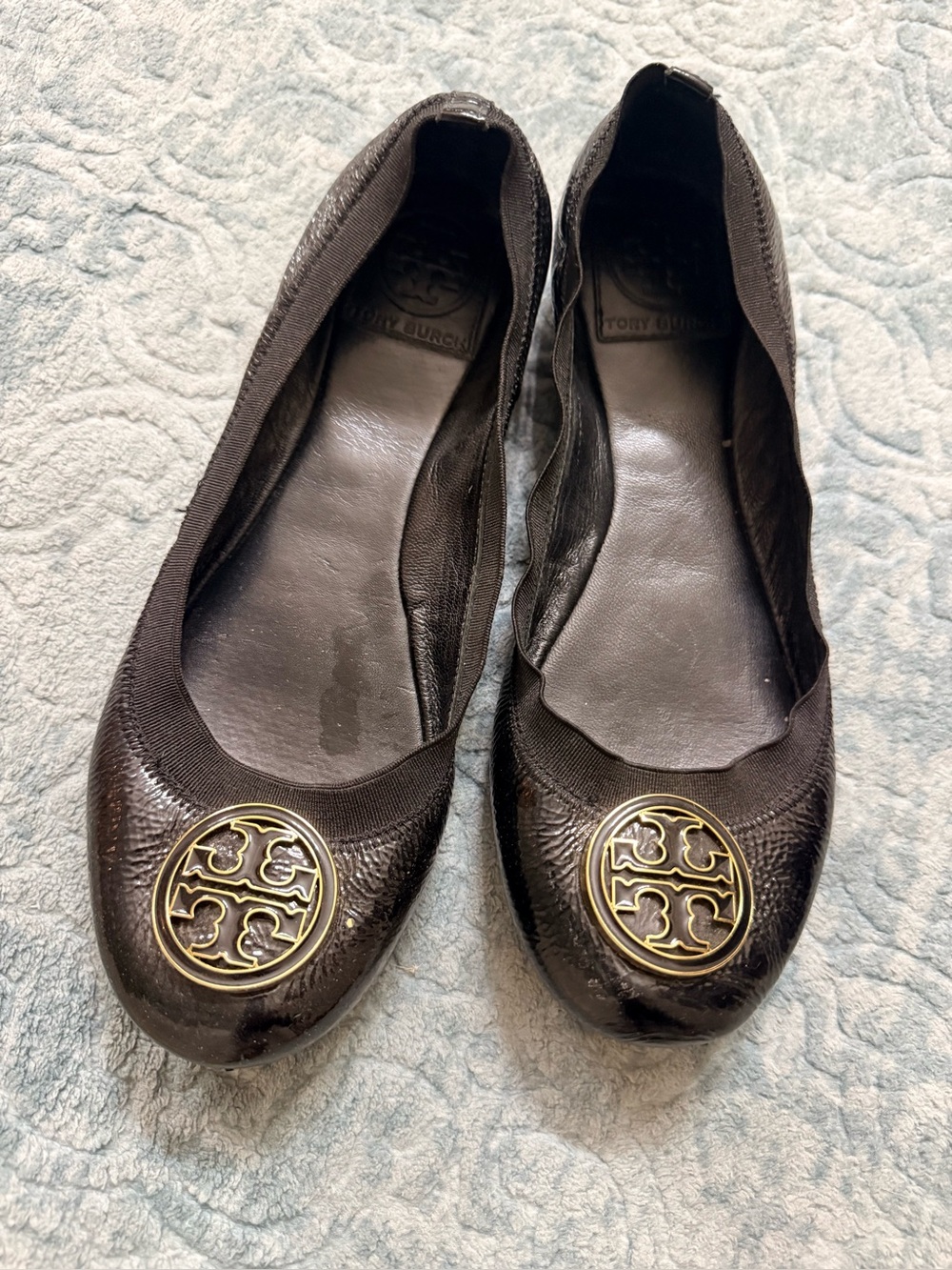Tory Burch Black Leather Logo Round-Toe Ballet Flats